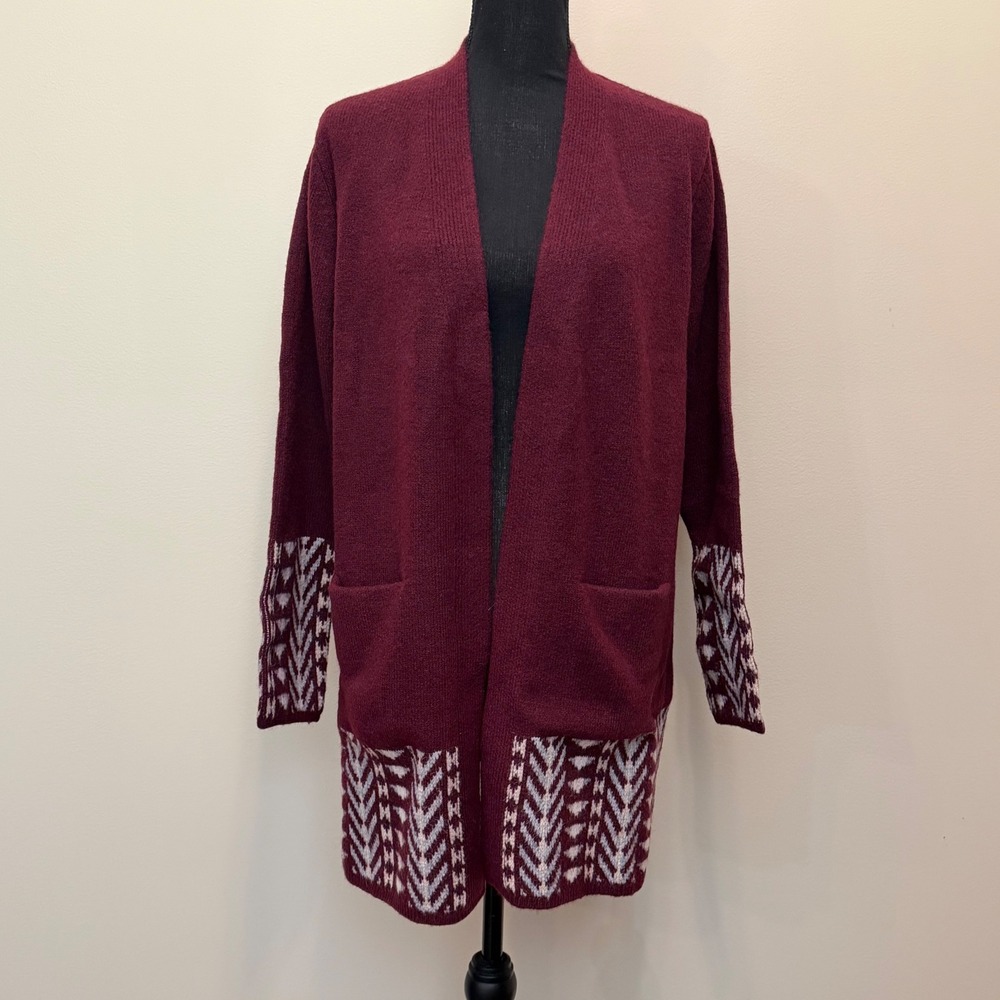 Frye Womens L? Burgundy Geometric Fair Isle Open Front Longline Cardigan Sweater